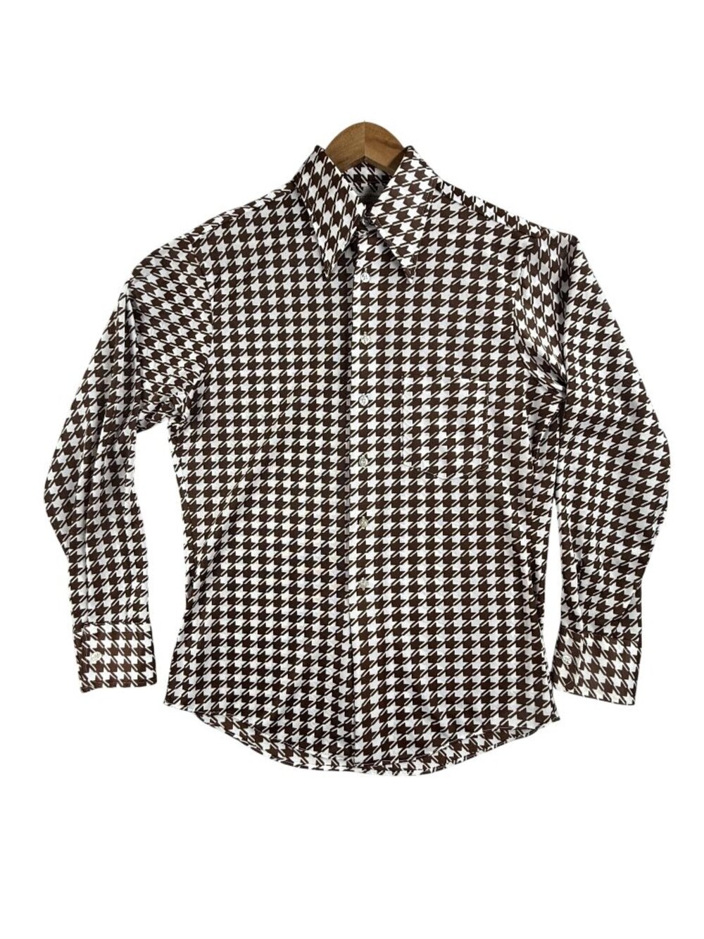 Vintage MW Shirt Mens Medium Brown Houndstooth Sheer Button Up Long Sleeve 70s